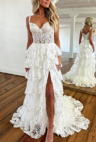 Fashion White Off-Shoulder Pearls Tiered Prom Dress