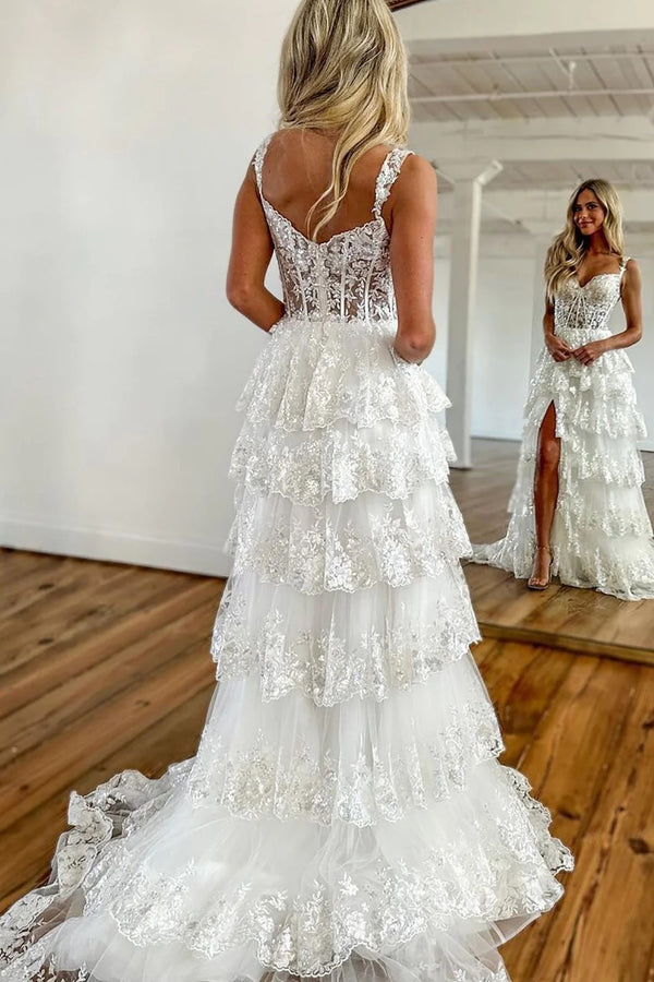 Fashion White Off-Shoulder Pearls Tiered Prom Dress main image 0
