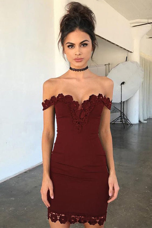 Off-shoulder Lace Top Short Burgundy Homecoming Dresses, HD0506