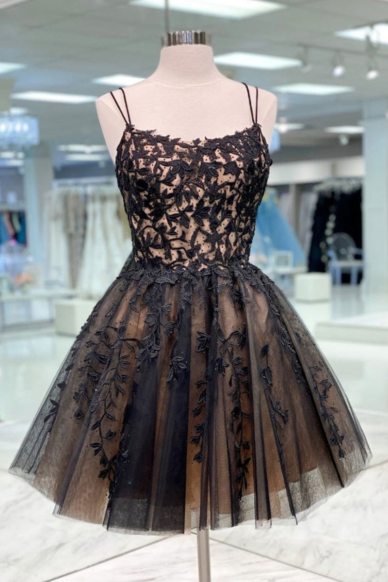 black spaghetti strap homecoming dress Straps Appliques Tulle Short Dresses Custom Color black homecoming dresses