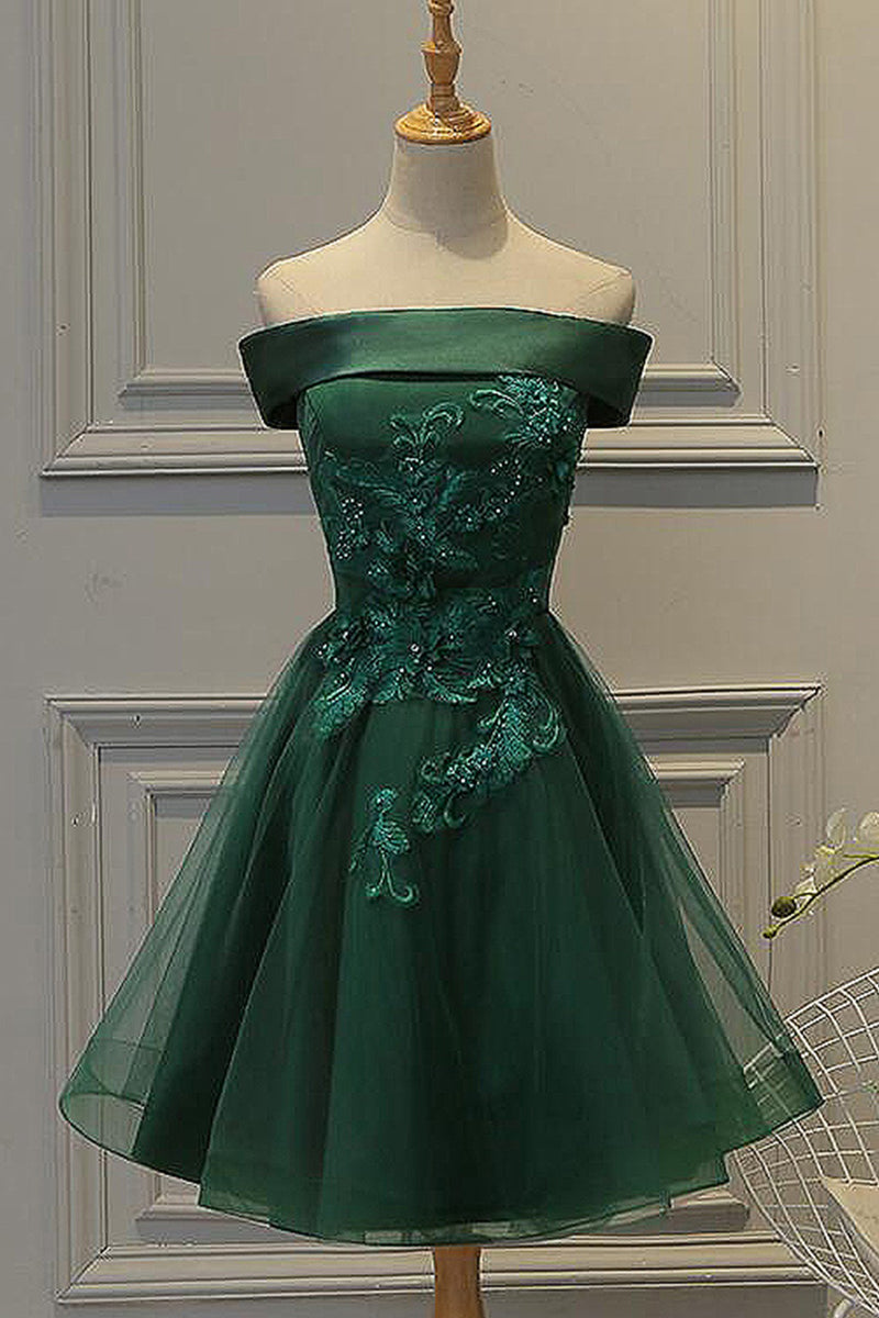 Ombreprom Dark Green Homecoming Dress Strapless A Line Appliques Tulle Mini Prom Dress Ombreprom Dark Green Homecoming Dress Strapless A Line Appliques Tulle Mini Prom Dress