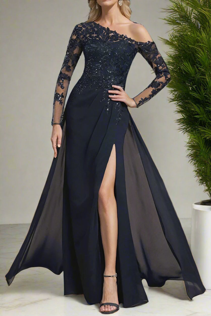 One Shoulder A-Line Long Sleeves Chiffon Mother of The Bride Dresses with High Split One Shoulder A-Line Long Sleeves Chiffon Mother of The Bride Dresses with High Split
