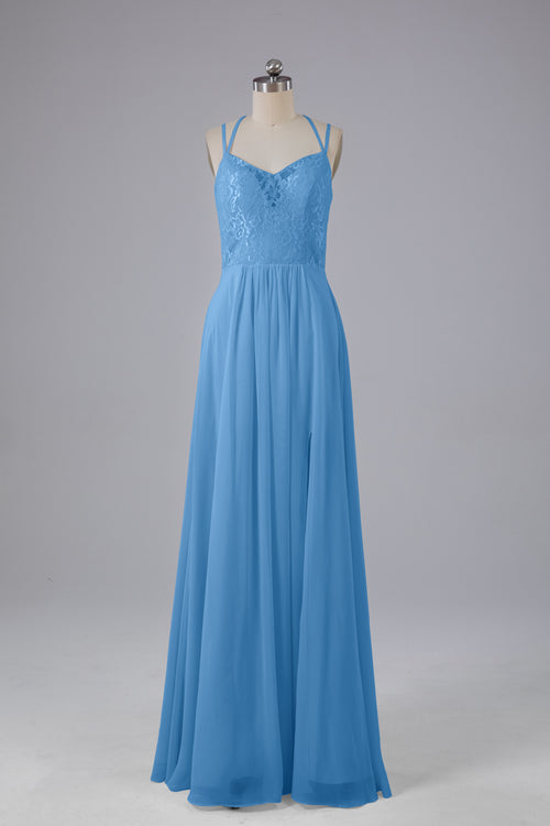 Navy Open Back Spaghetti Straps Long Wedding Guest Dress with Slit