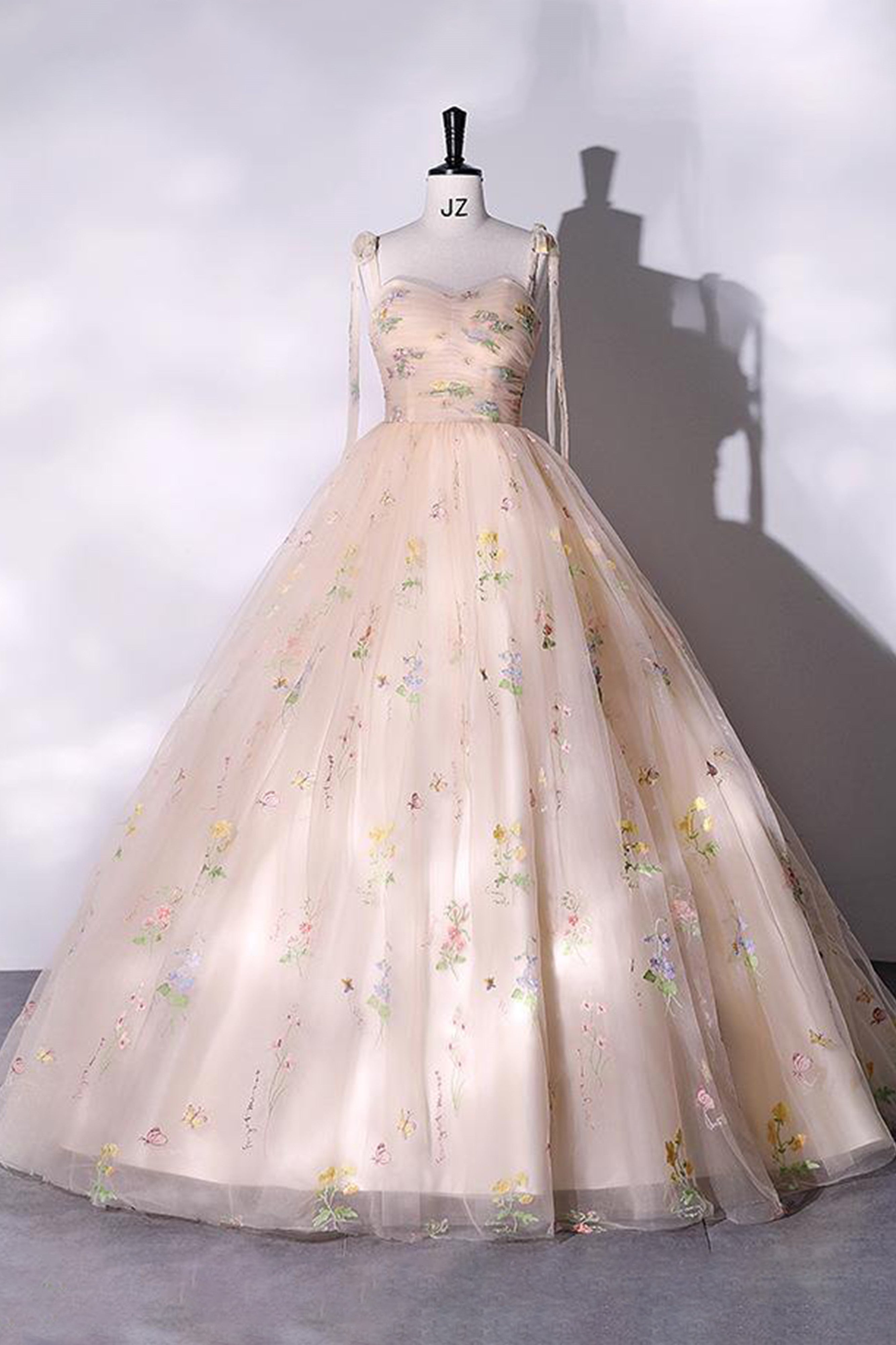 Princess Flower Embroidery Spaghetti Straps Tulle Ball Gown Quinceaner Princess Flower Embroidery Spaghetti Straps Tulle Ball Gown Quinceaner