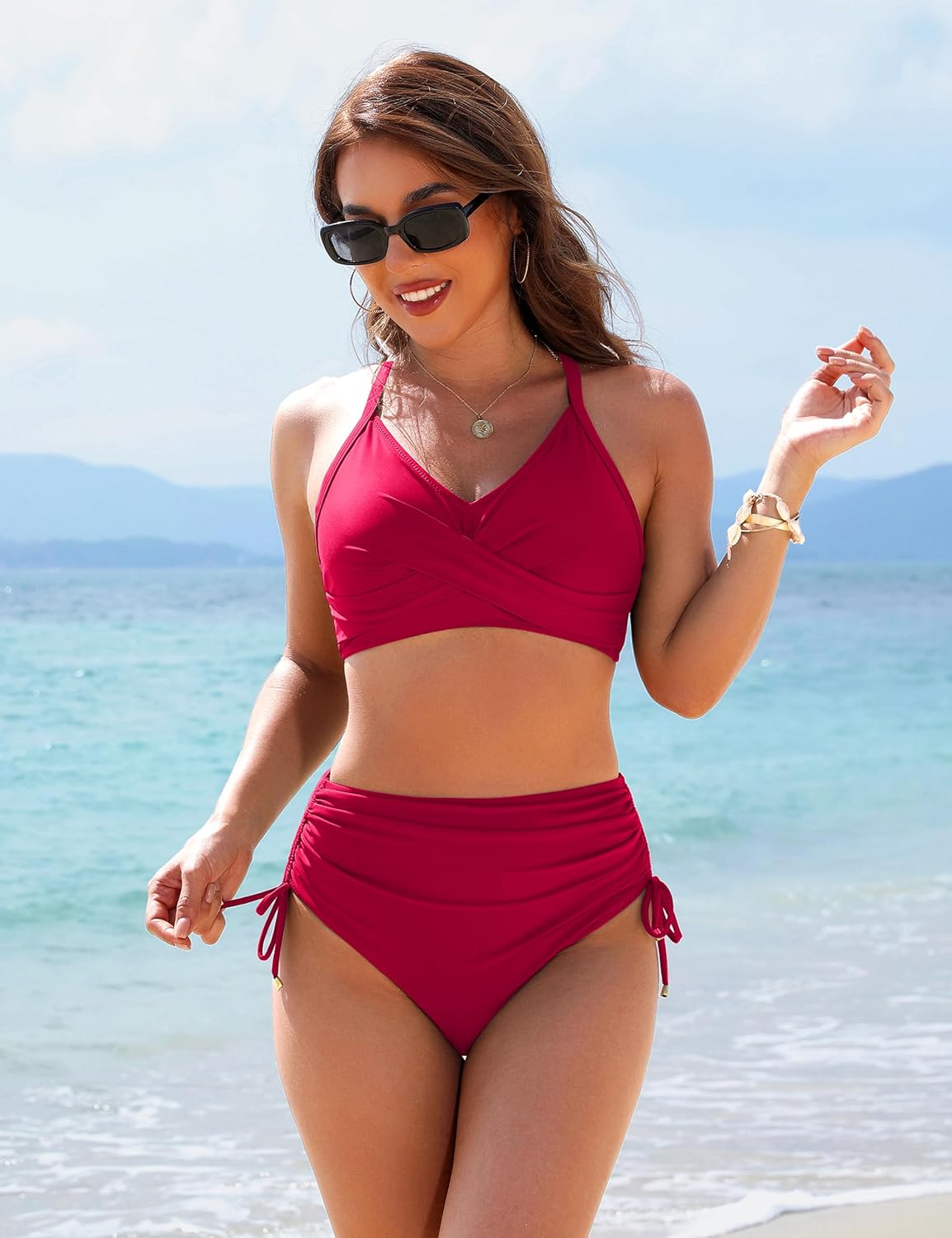 OmbreSwim - Womens High Waisted Bikini Sets Drawstring Tummy Control Swimsuits Crisscross Tie Back Bathing Suit