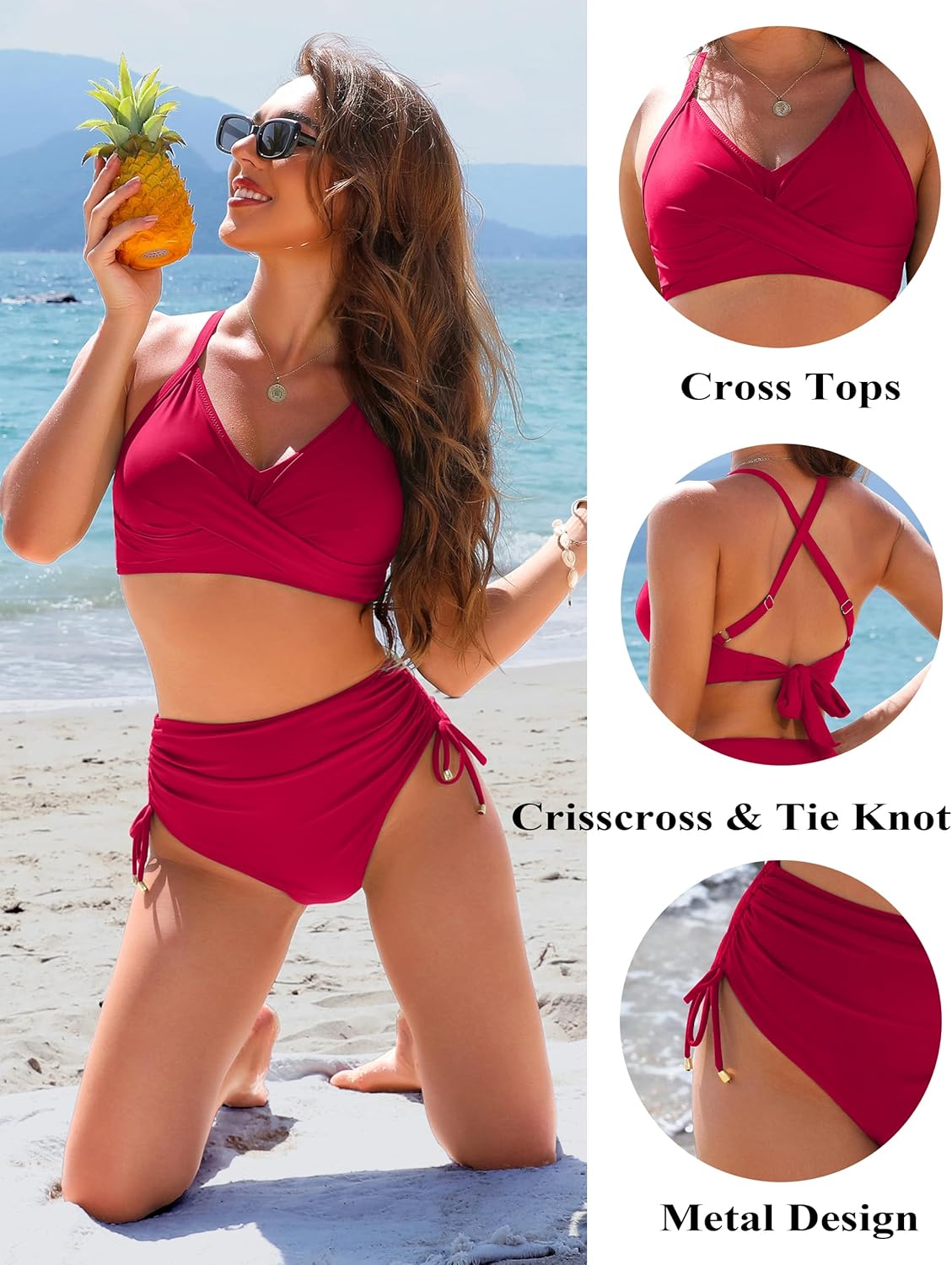 OmbreSwim - Womens High Waisted Bikini Sets Drawstring Tummy Control Swimsuits Crisscross Tie Back Bathing Suit