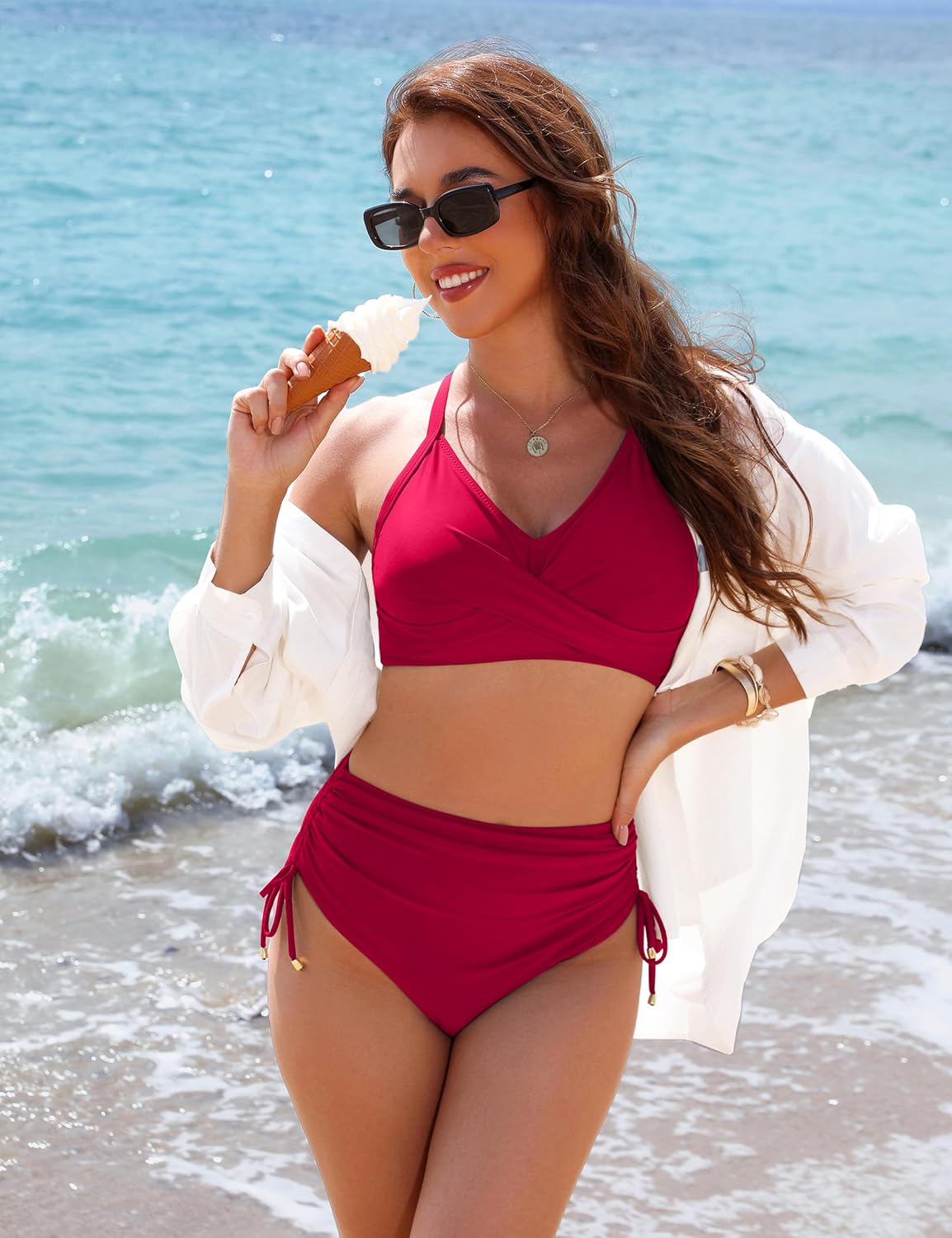 OmbreSwim - Womens High Waisted Bikini Sets Drawstring Tummy Control Swimsuits Crisscross Tie Back Bathing Suit