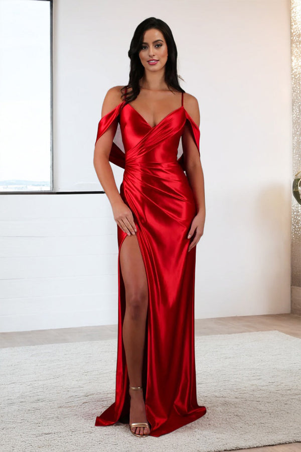 Red sequin long evening prom dress spaghetti straps v-neck split formal gown Y1678