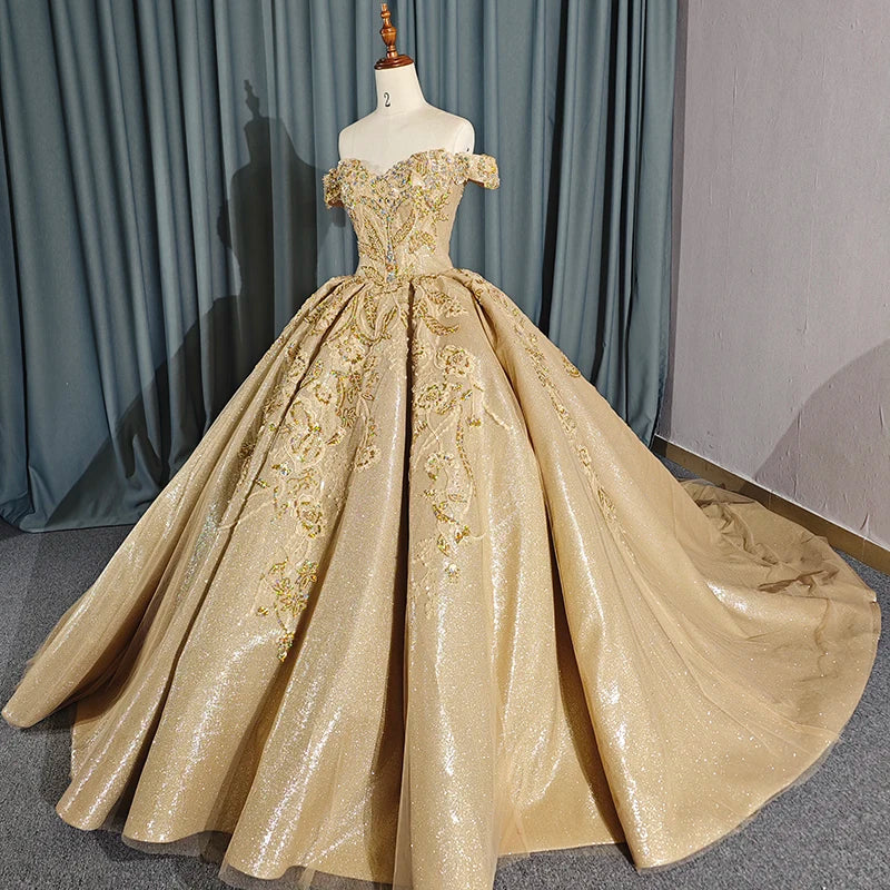 Vintage Golden Yellow Off-Shoulder Romantic 3D Floral Quinceañera Ball Gown DP7085