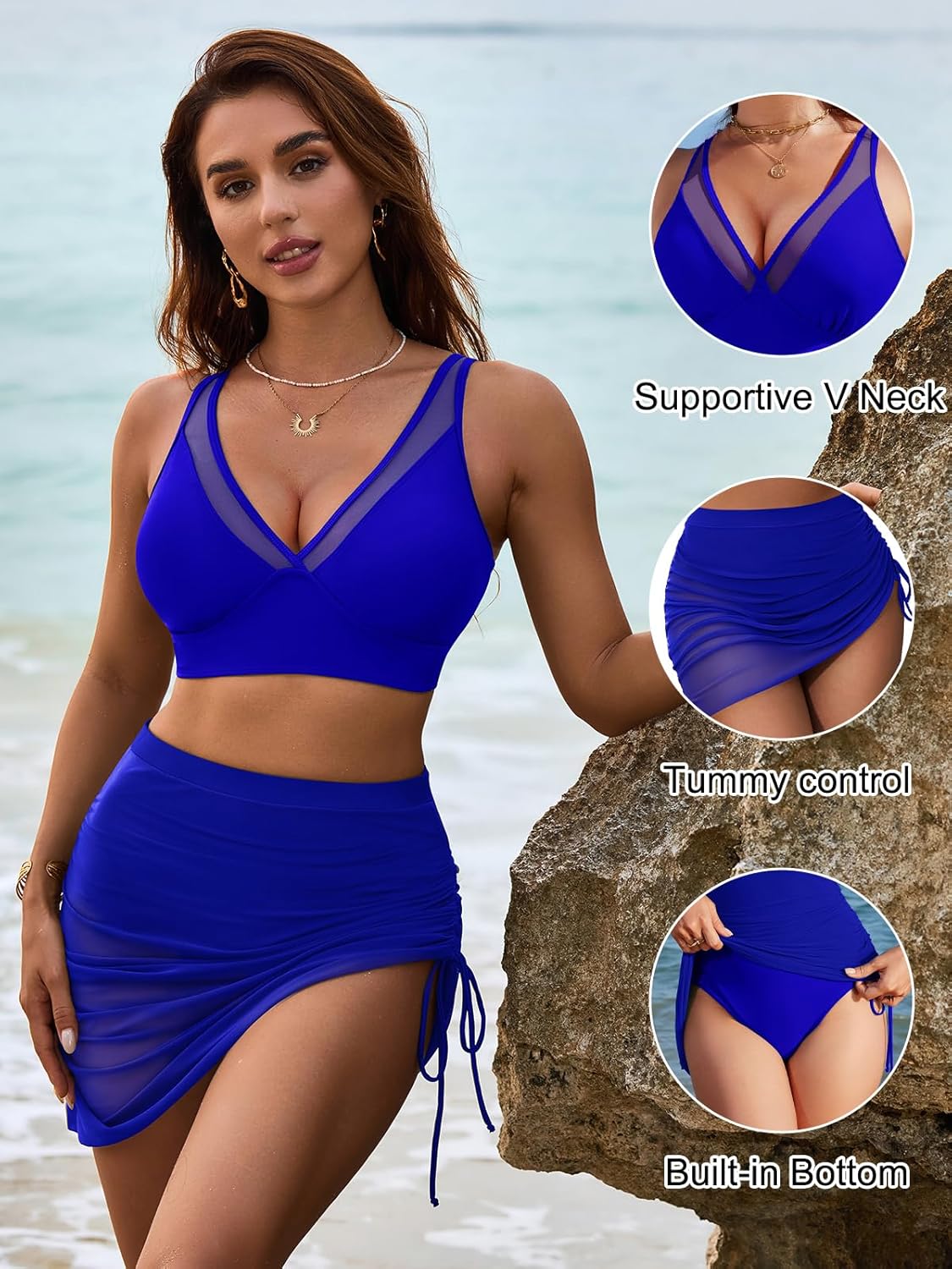 OmbreSwim - Womens Swim Skirt High Waisted Bikini Sets Tummy Control Swimsuits Mesh Sarong Wraps Bathing Suits