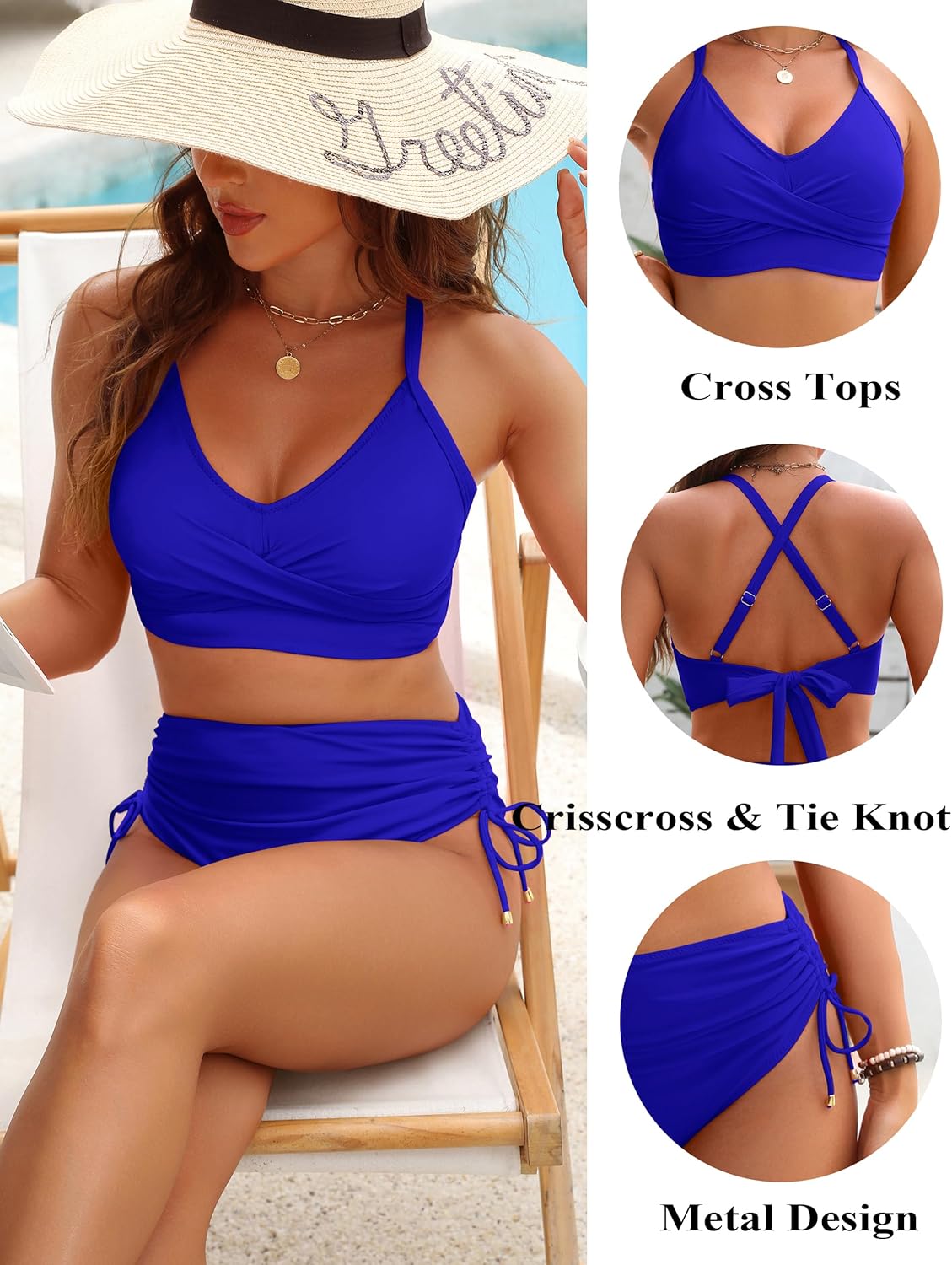 OmbreSwim - Womens High Waisted Bikini Sets Drawstring Tummy Control Swimsuits Crisscross Tie Back Bathing Suit