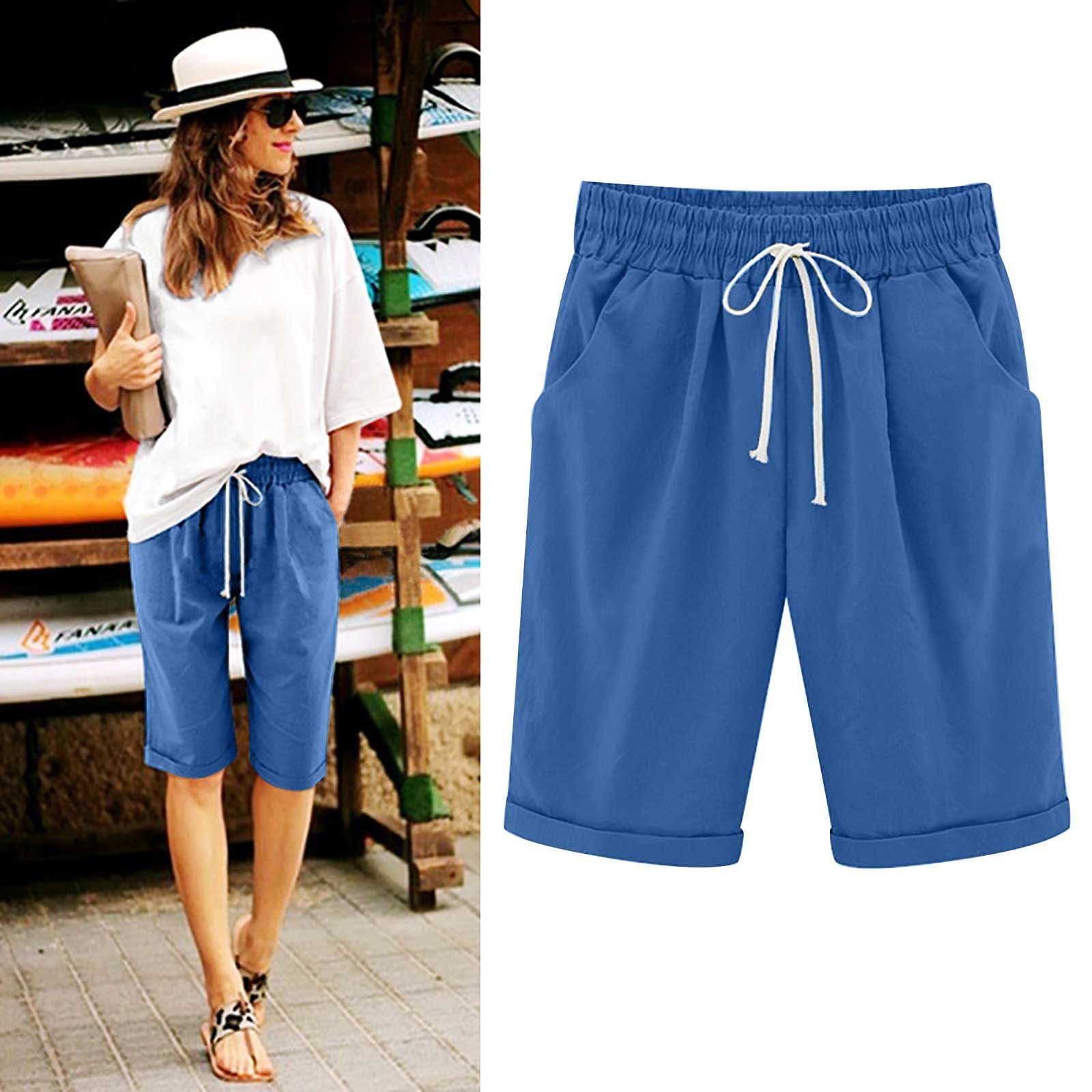 OmbreSwim - Women's Elastic Waist Knee Length Casual Cotton Bermuda Shorts with Drawstring