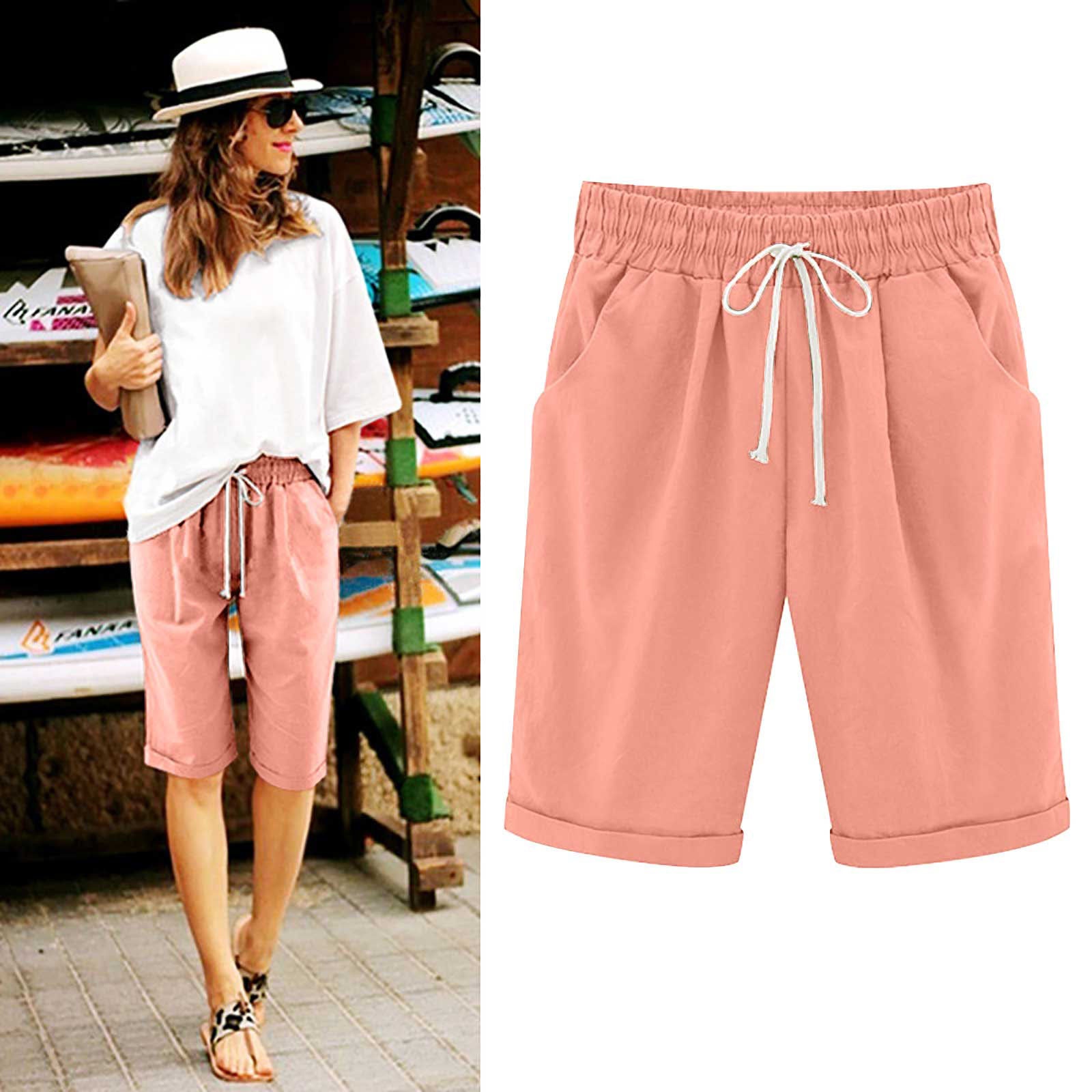 OmbreSwim - Women's Elastic Waist Knee Length Casual Cotton Bermuda Shorts with Drawstring