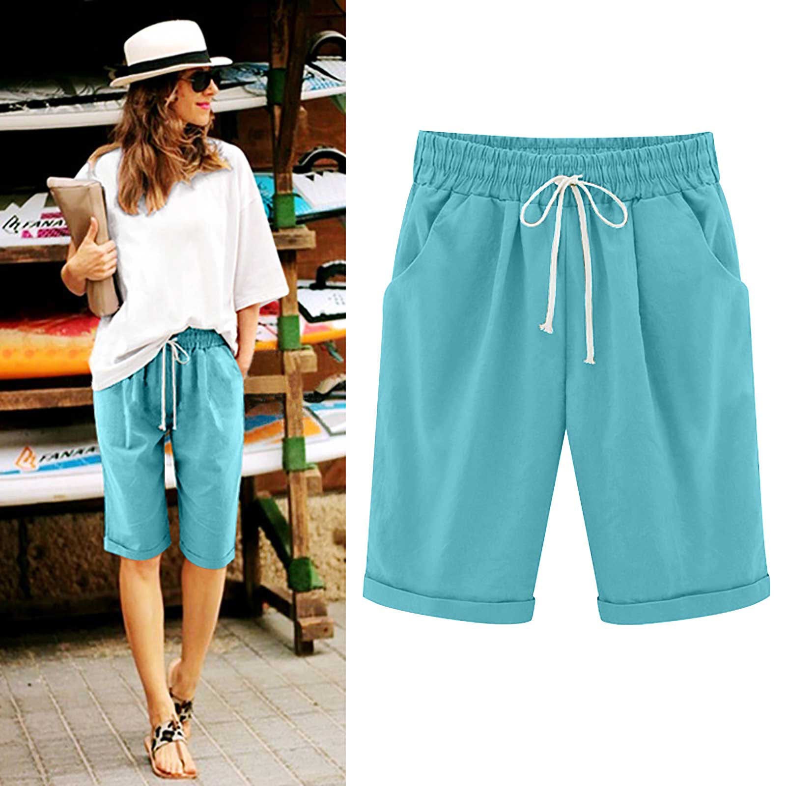 OmbreSwim - Women's Elastic Waist Knee Length Casual Cotton Bermuda Shorts with Drawstring
