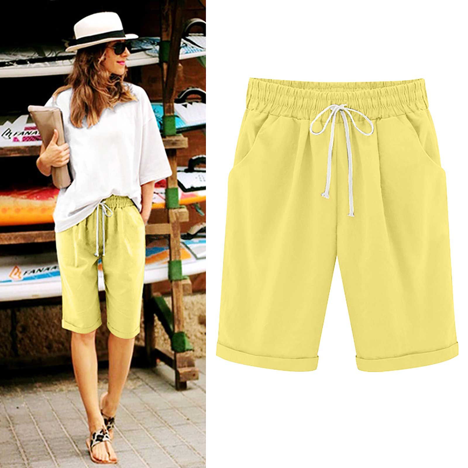 OmbreSwim - Women's Elastic Waist Knee Length Casual Cotton Bermuda Shorts with Drawstring