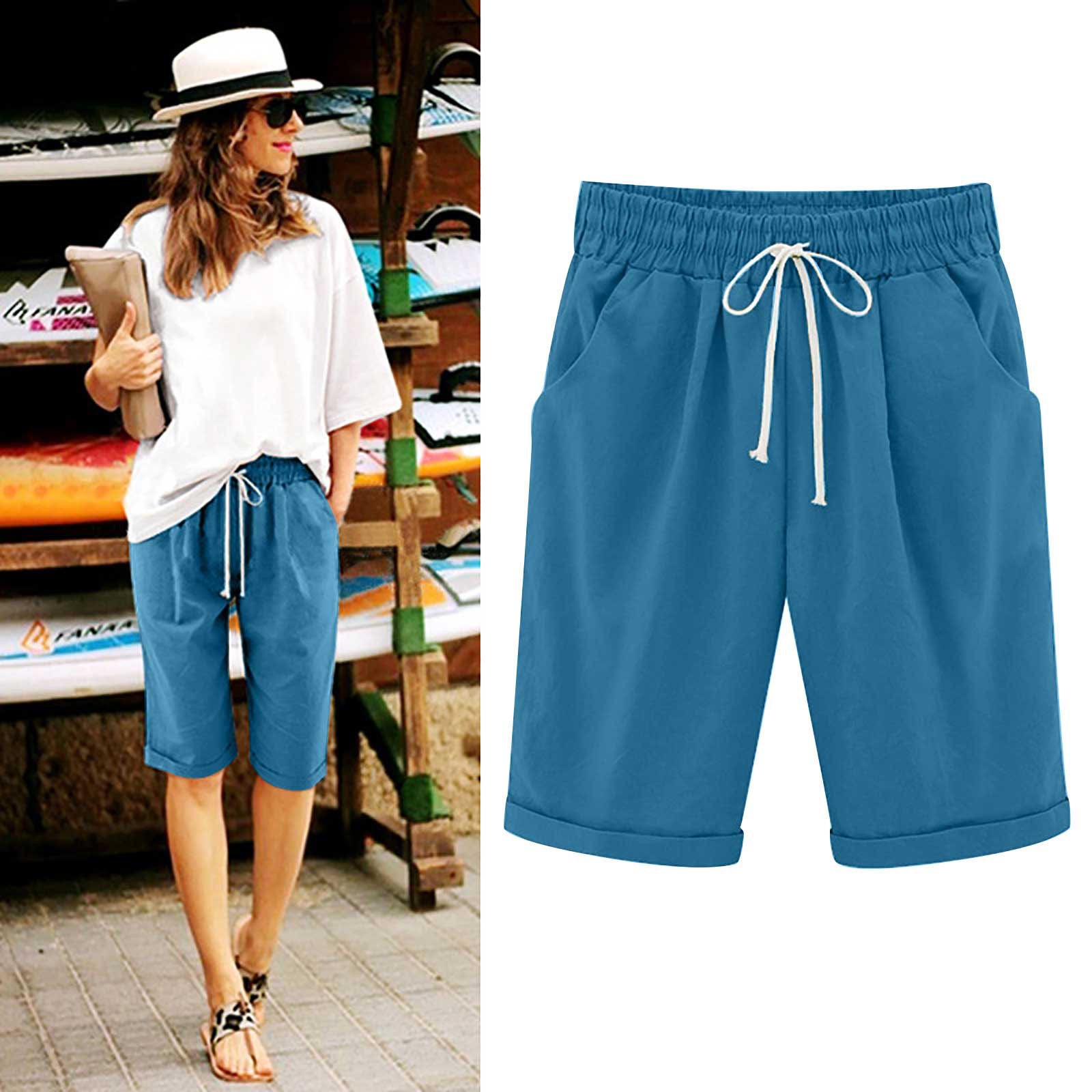 OmbreSwim - Women's Elastic Waist Knee Length Casual Cotton Bermuda Shorts with Drawstring