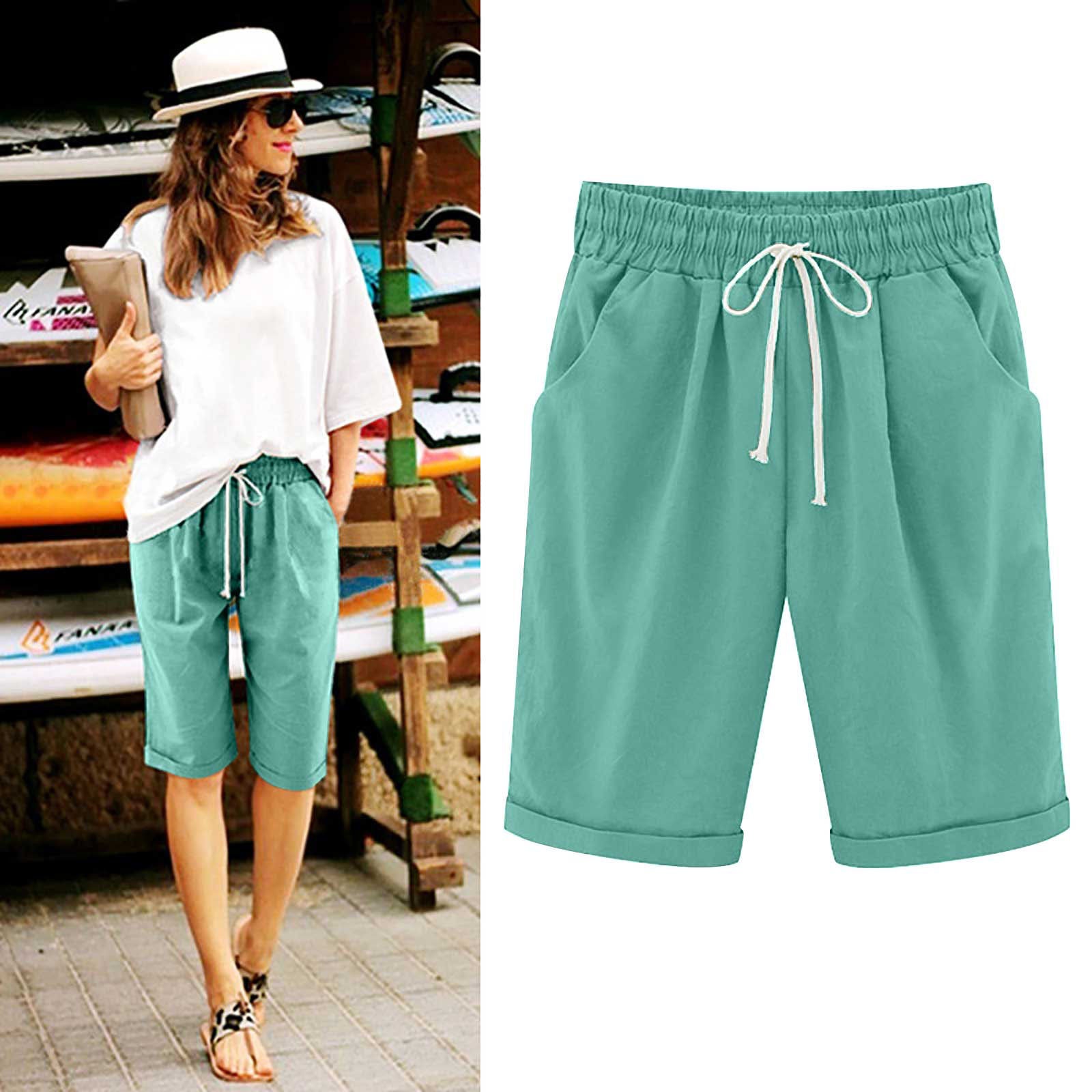 OmbreSwim - Women's Elastic Waist Knee Length Casual Cotton Bermuda Shorts with Drawstring