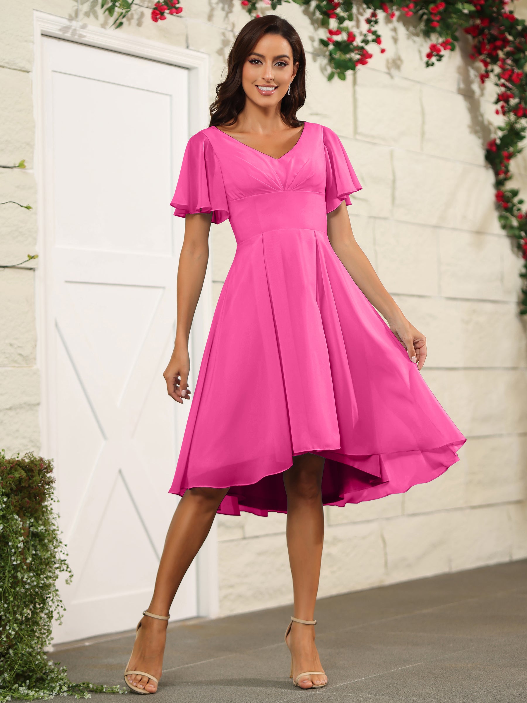 Short Sleeves Chiffon V Neck Knee Length Bridesmaid Dresses