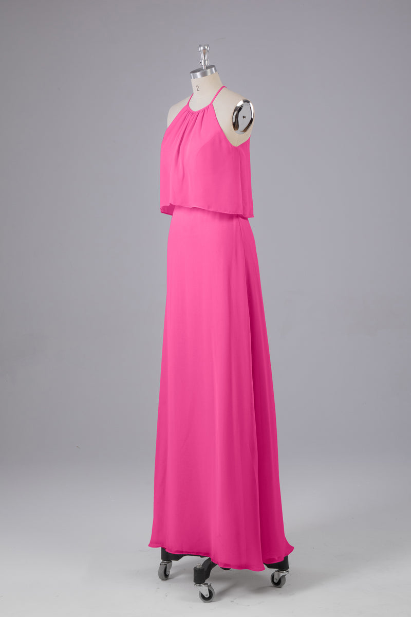 Simple Chiffon Halter Dress for Bridesmaid with Slit Fuchsia main image 1