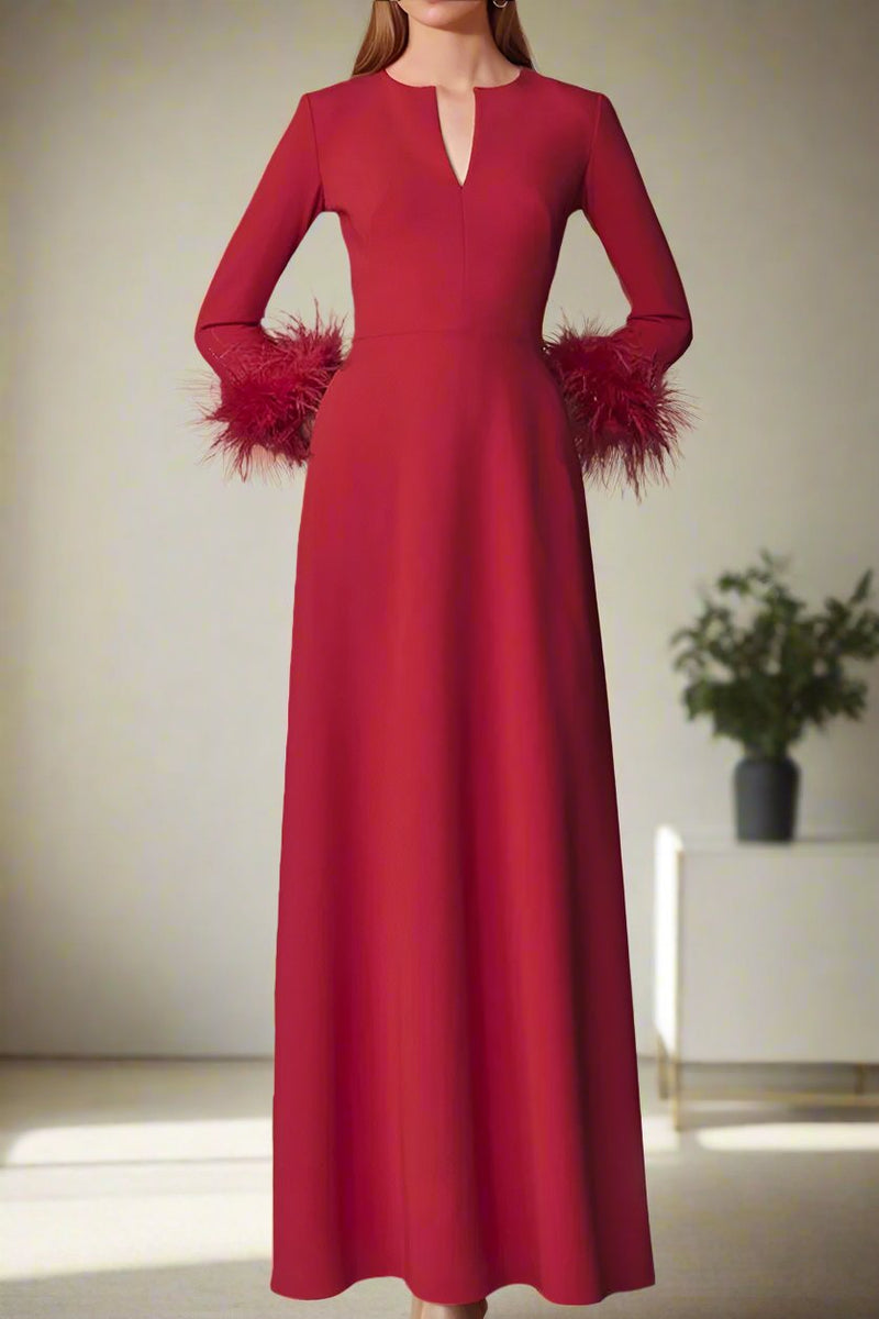 simple red long sleeve dress Simple Red V-Neck Long Sleeves Long Mother of The Bride Dresses with Feathers