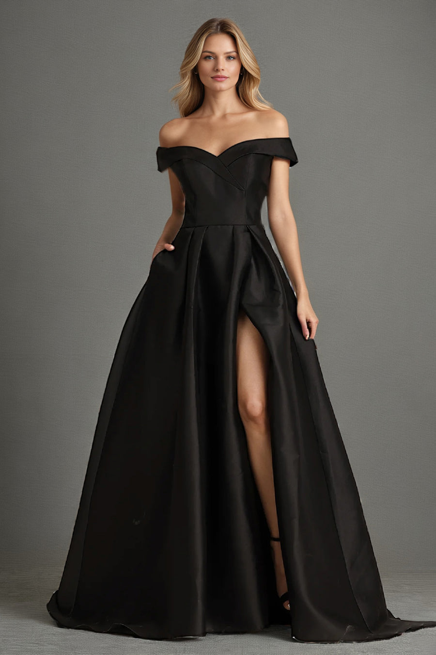 Simple Split Off The Shoulder Floor Length Satin Prom Dress