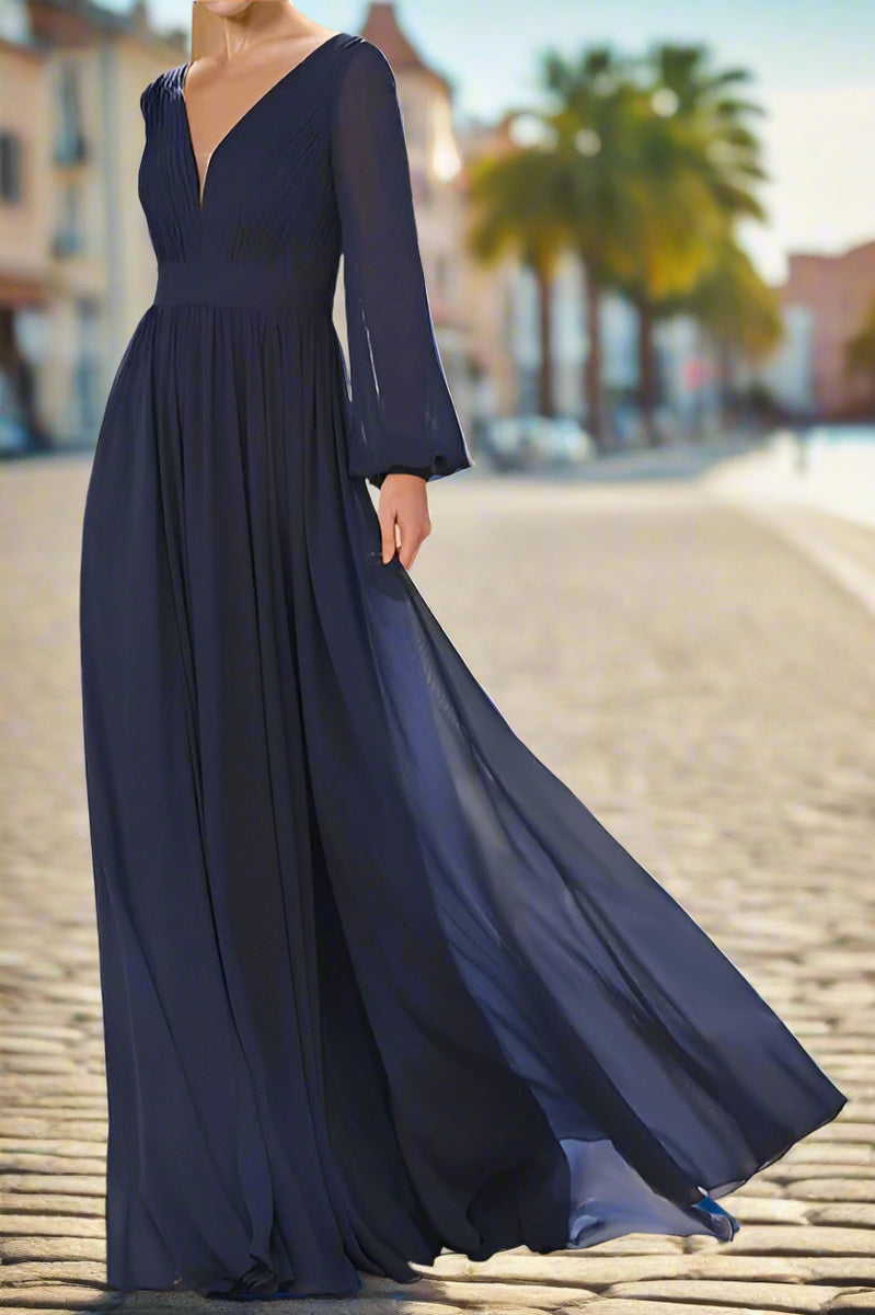 navy blue maxi dress long sleeves Simple V Neck Floor Length Long Sleeve Dark Navy Wedding Guest Dress