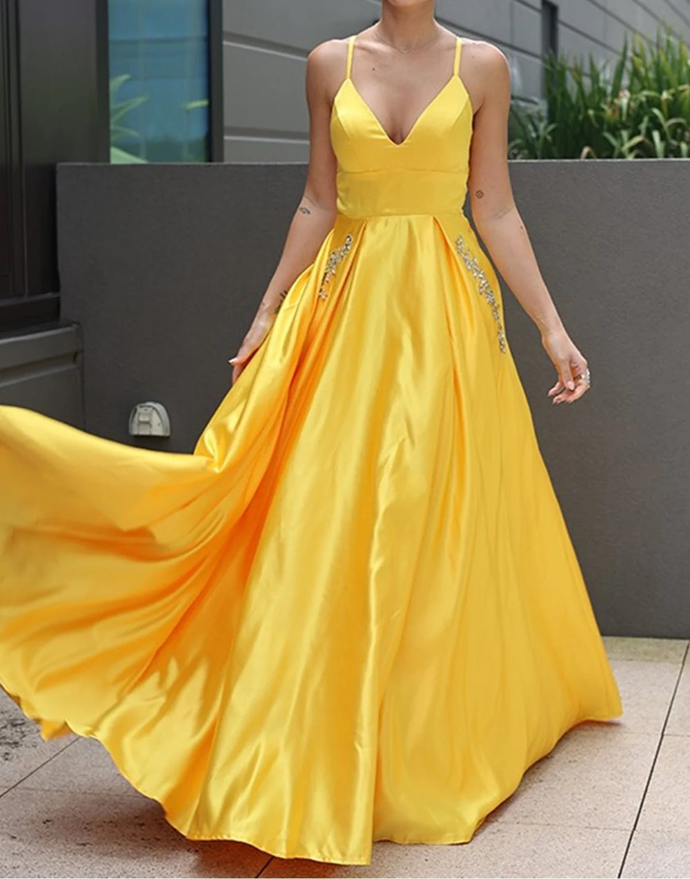 Yellow Satin Straps Custom Straight Neck Fit and flare Prom Dress main image 0