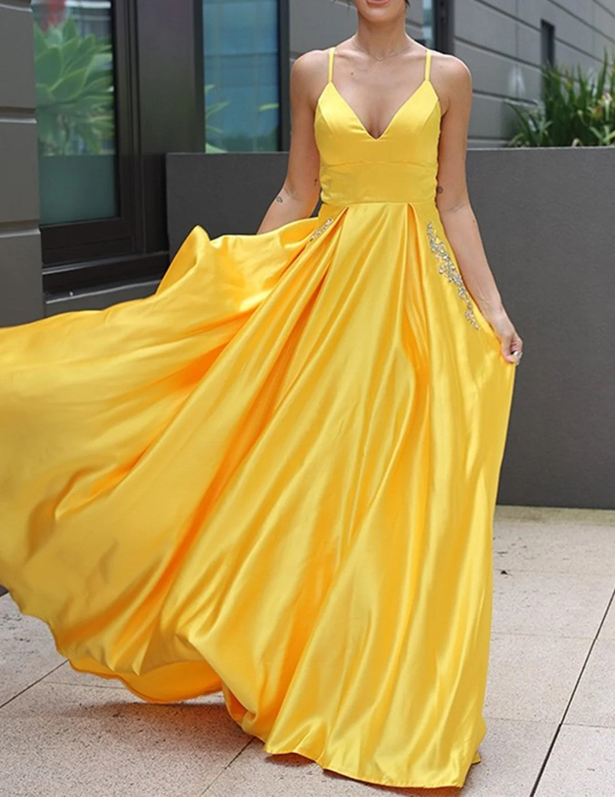 Yellow Spaghetti Straps Tea Length Prom Dress