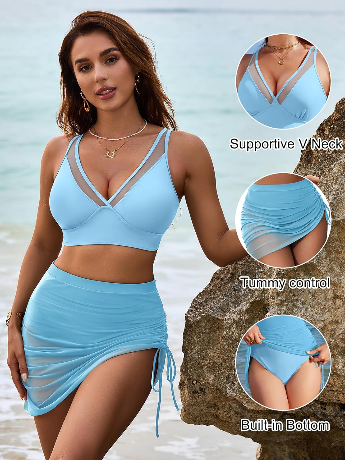 OmbreSwim - Womens Swim Skirt High Waisted Bikini Sets Tummy Control Swimsuits Mesh Sarong Wraps Bathing Suits