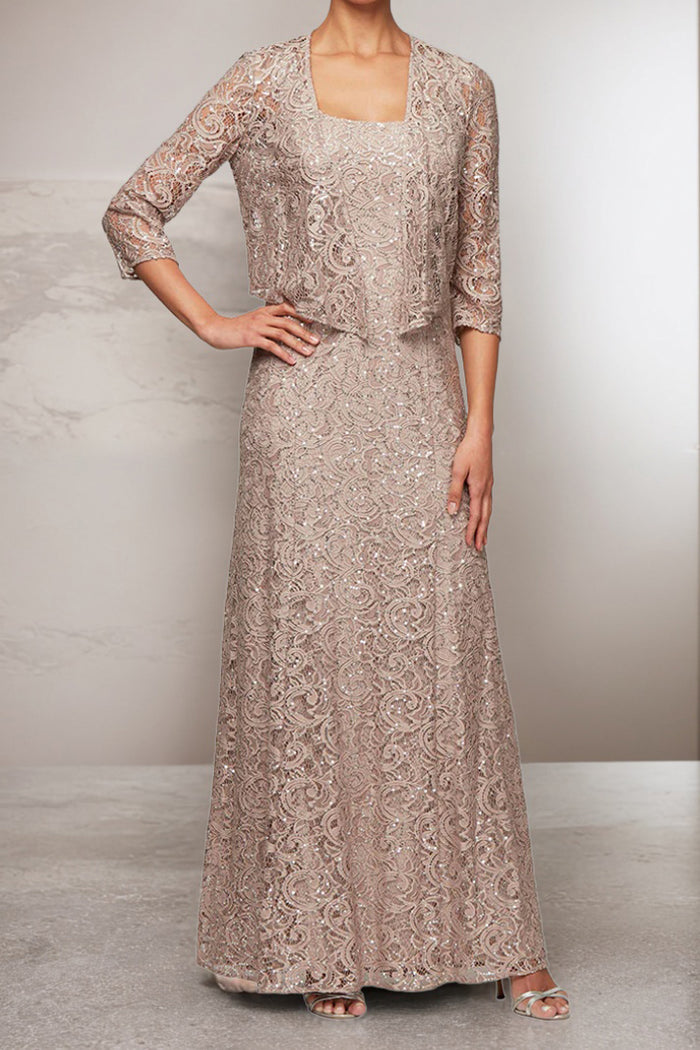 Square Neck Lace 2 Pieces A Line Ankle Length Mother of The Bride Dres
