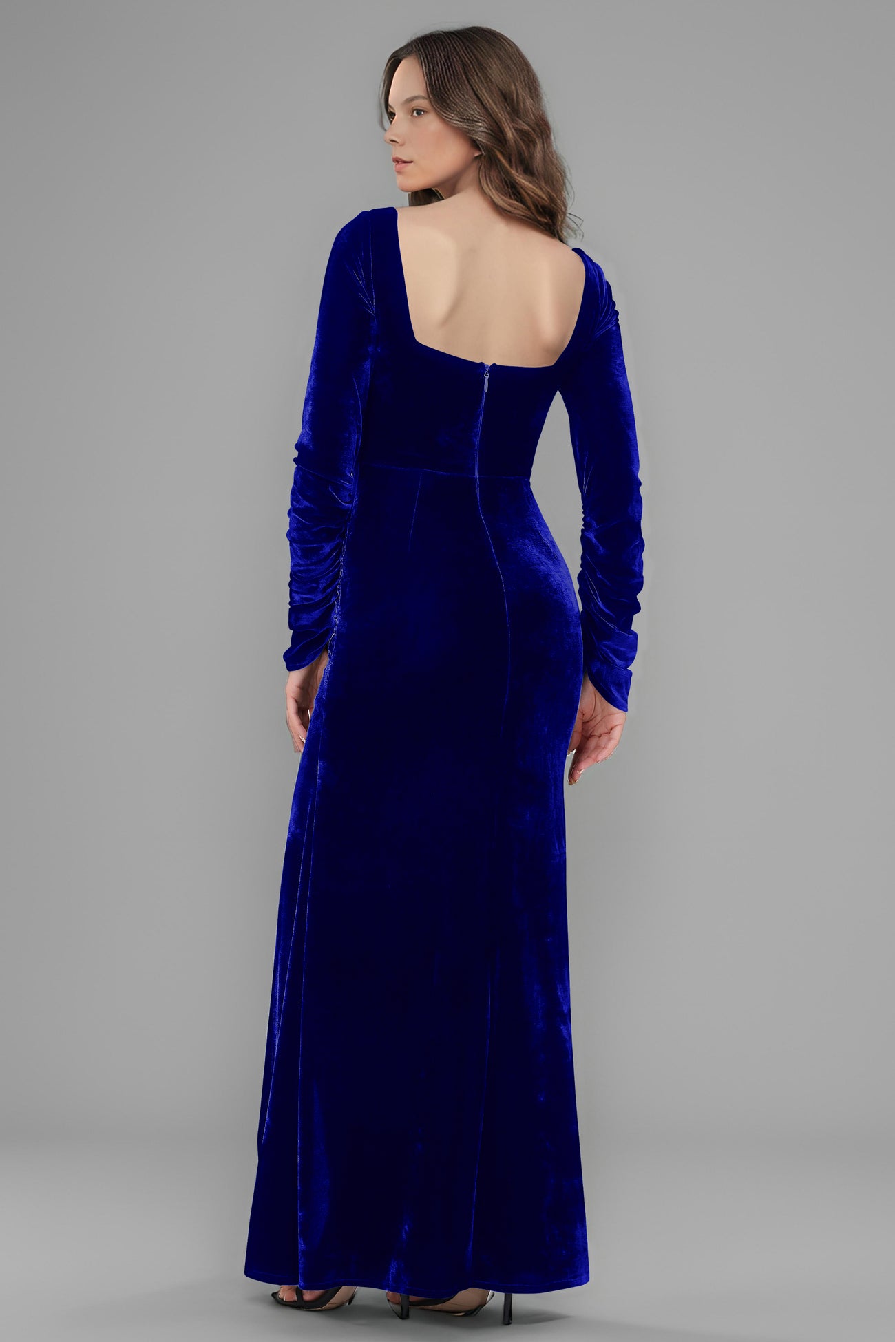 Brown Sheath Square Neck Velvet Long Sleeves Long Bridesmaid Dress