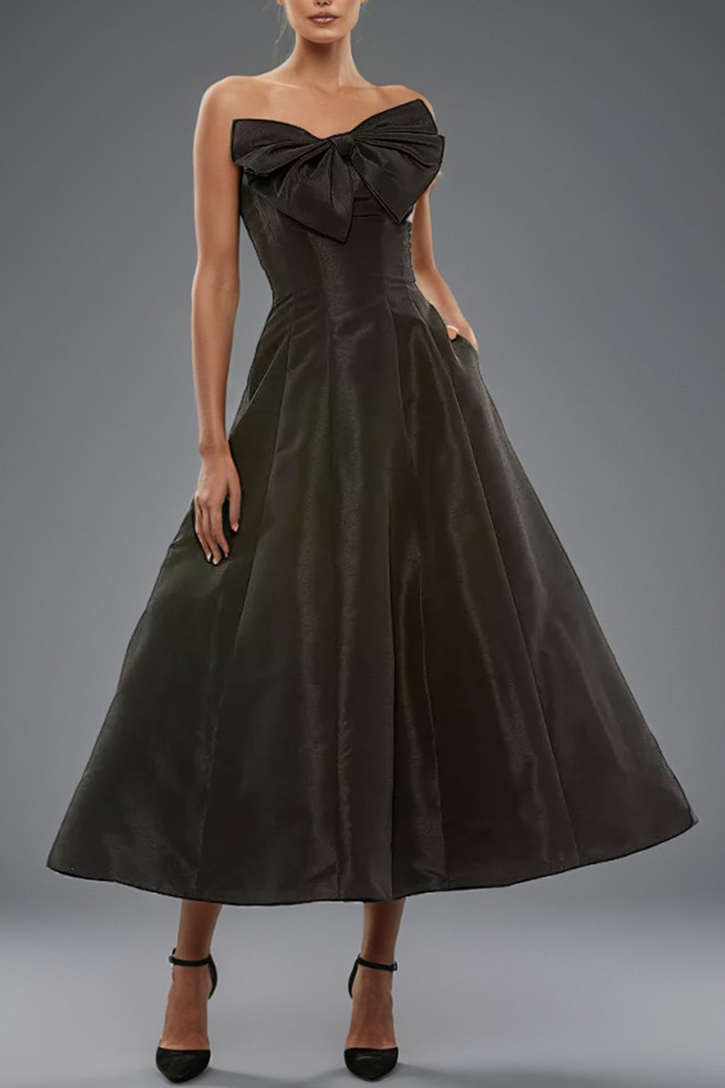 open lace back dress Strapless Simple Black Tea Length Party Dress with Bowknot