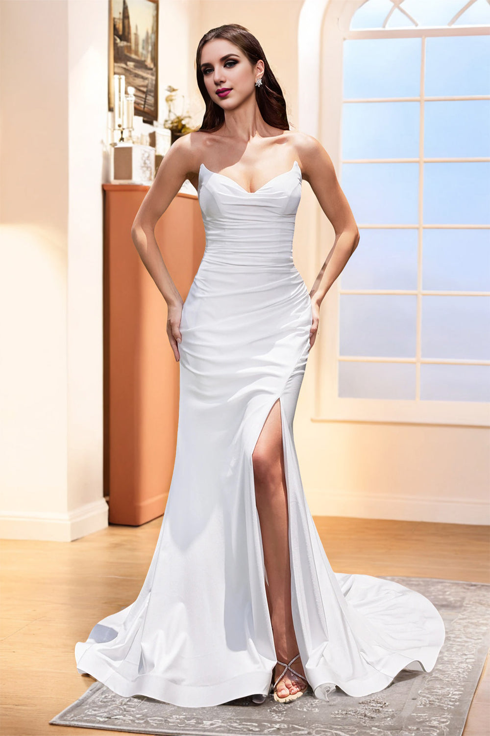 Strapless Long Satin White Mermaid Prom Dress with Long Cape