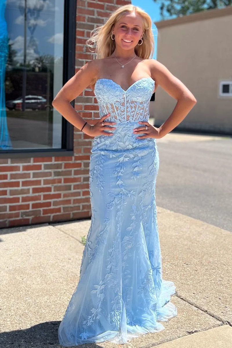 Long Sweetheart Spaghetti Straps Tulle Lace Mermaid Prom Dress main image 1