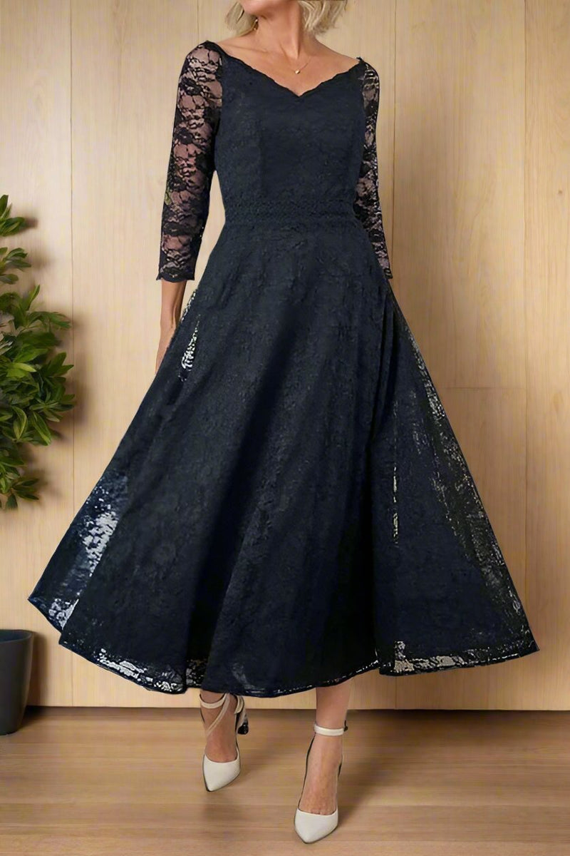 mother of the bride dresses tea length lace Dark Navy A-Line Dress #ModernFit Midi Length Sleeve Style Goddiva Bishop Sleeve Peplum Size:us 24w