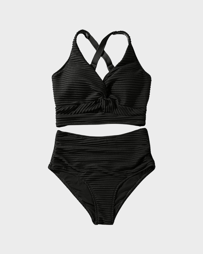 OmbreSwim - Textured Knot-Front High-Waisted Bikini Set