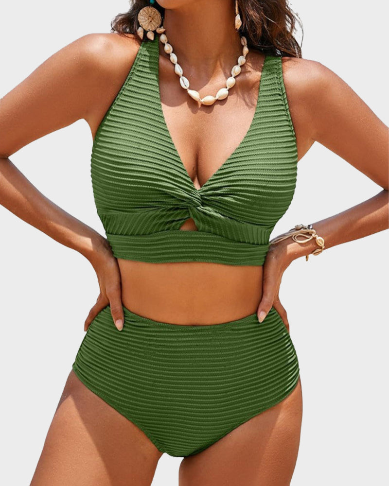 OmbreSwim - Textured Knot-Front High-Waisted Bikini Set