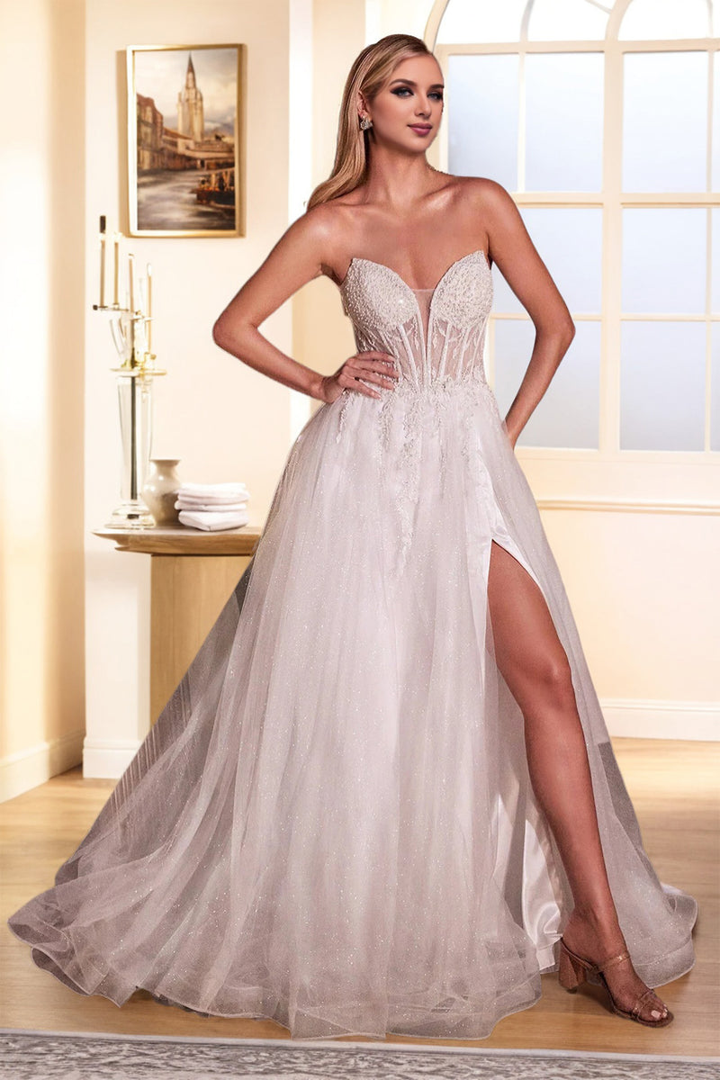Tulle Strapless See-through A Line Ivory Wedding Dress with Slit