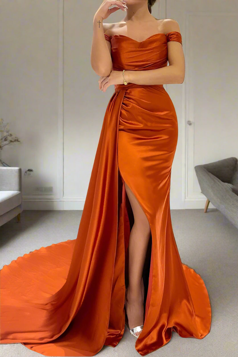 green emerald velvet dress Unique Off The Shoulder Burnt Orange Ruched Mermaid Prom Dress
