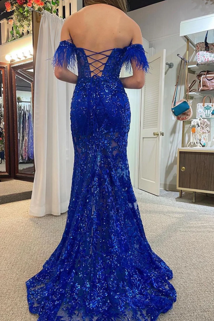 Off The Shoulder Lace Appliques Long Prom Dress with Feathers