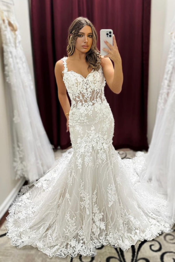 Vintage Strapless Ivory Satin Pleated Lace Appliques Mermaid Long Wedding Dress Formal Bridal Gown
