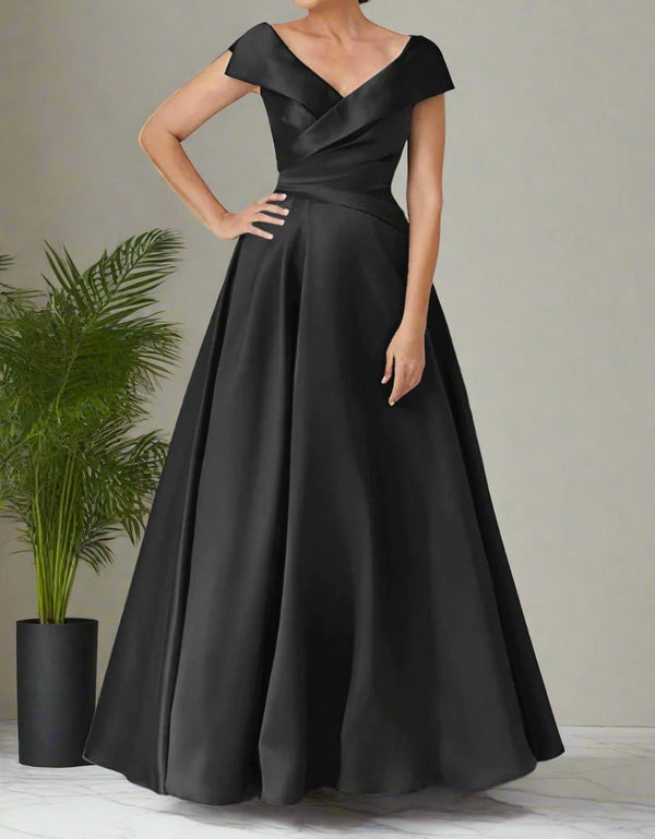 A-Line Satin Floor-Length Deep V-Neck Mother of the Bride & Groom Dresses with Belt