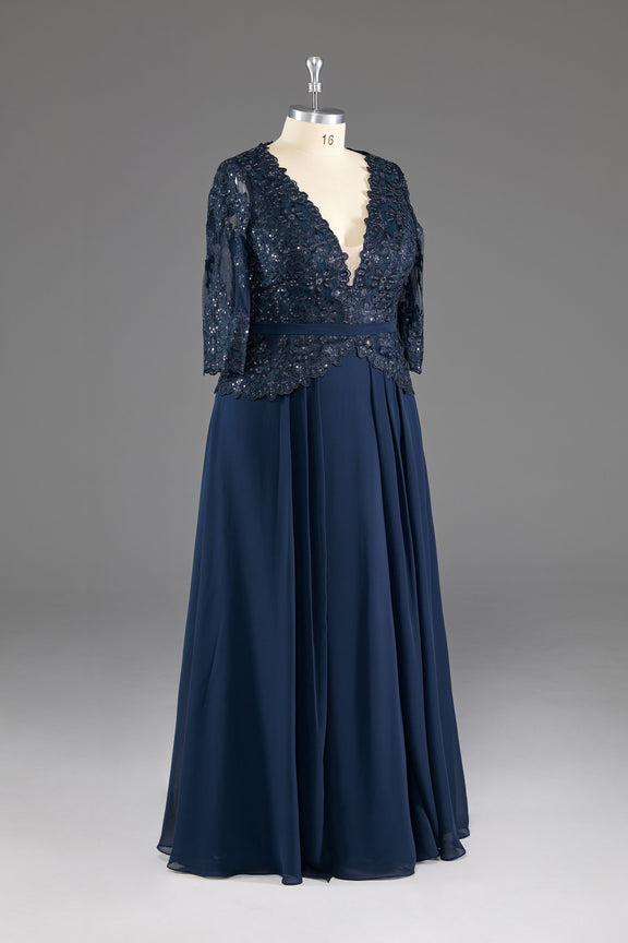 Navy A-Line Boat Neck Lace Appliques Chiffon Long Mother Of the Bride Dress with Short Sleeves