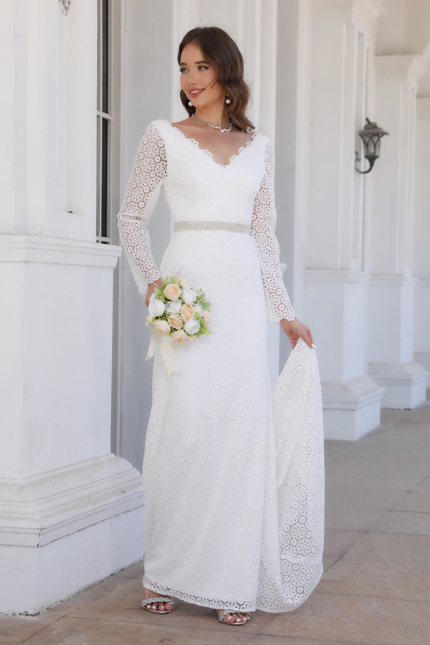 Simple Long Ivory V-neck A-line Sleeveless Wedding Dress With Slit