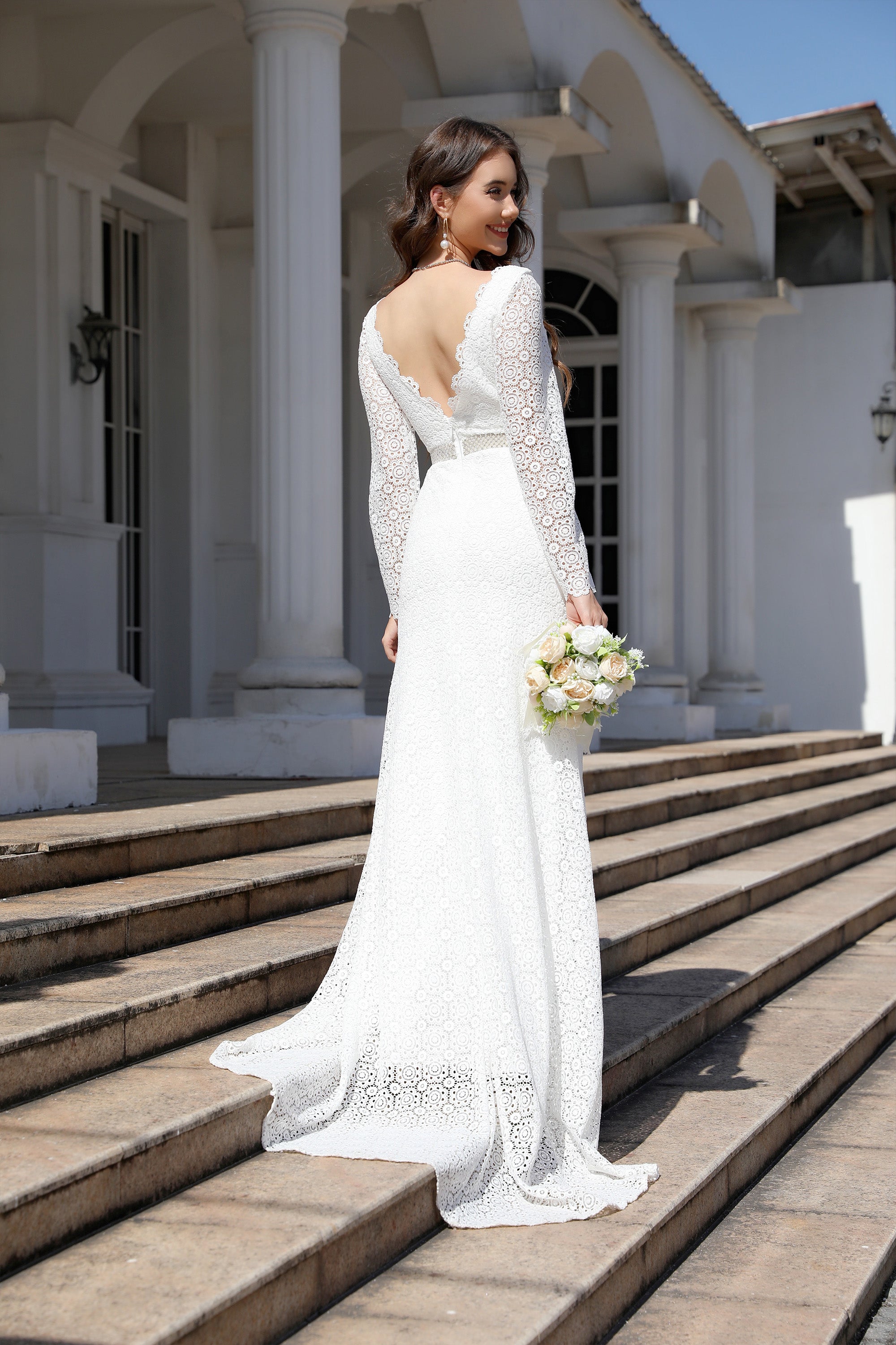 V Neck Long Sleeve Simple Ivory Wedding Dress V Neck Long Sleeve Simple Ivory Wedding Dress
