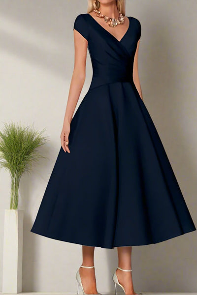 Turquoise V-Neck Ruched Mother of the Bride Dress with Half Sleeves main image 1