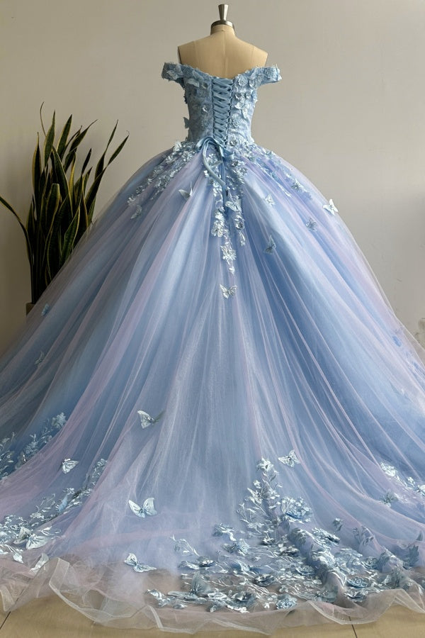 Chic & Modern Ball Gown Off Shoulder 3D Butterfly Lace Appliques Lace Up Lavender Tulle Quinceanera Dress for Sweet 16