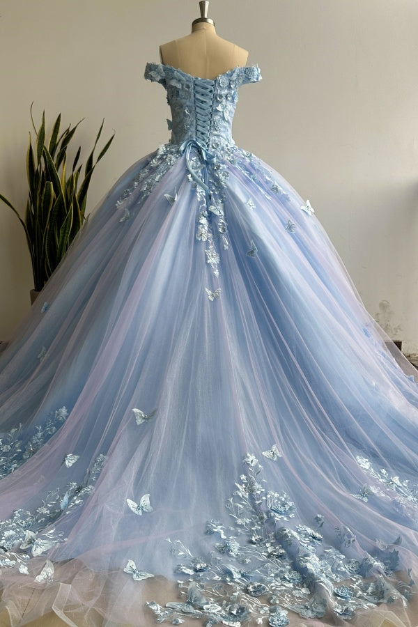 Chic & Modern Ball Gown Off Shoulder 3D Butterfly Lace Appliques Lace Up Lavender Tulle Quinceanera Dress for Sweet 16