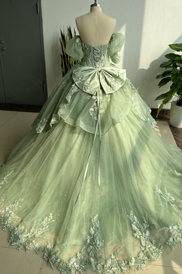 Chic & Modern Ball Gown Off Shoulder Half Lantern Sleeves 3D Flower Appliques Ruffles Tiered Green Tulle Quinceanera Dress Birthday Party Gown for Sweet Train