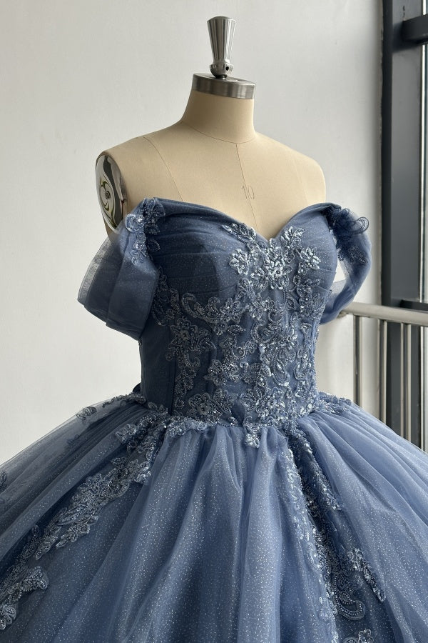 Elegant & Glamorous Ball Gown Off Shoulder Pleated Appliques Lace Up Navy Blue Tulle Quinceanera Dress Birthday Party Gown for Sweet 16